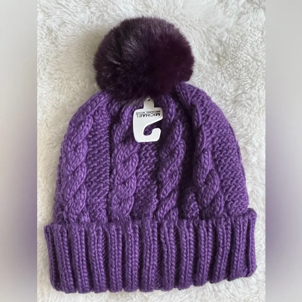 NWT - Michael Michael Kors - Women`s Cable Knit Teddy Fleece Faux Fur Pom Po…